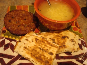 Supper: Mrs. Grass Soup (I stole half of sicky's portion), Black Bean Burger, Hummus and Cheese Grilled Wrap