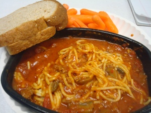 Lunch: Lean Cuisine Spaghetti (one of my all-time favorites), bread, and carrots